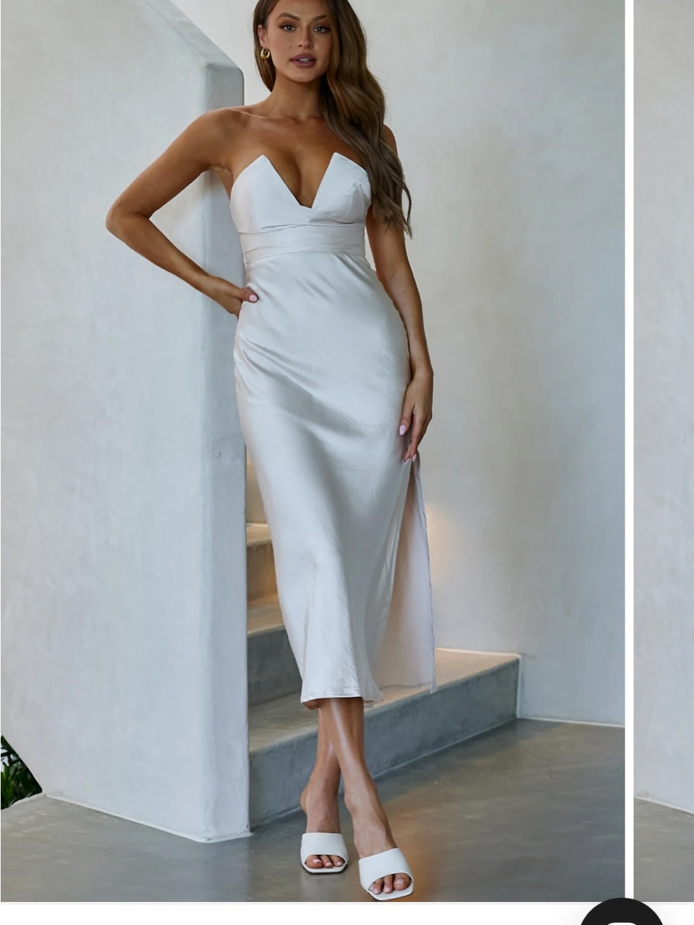 Selfie Lesile Strapless Satin Ivory Midi Dress with Sweetheart Neckline